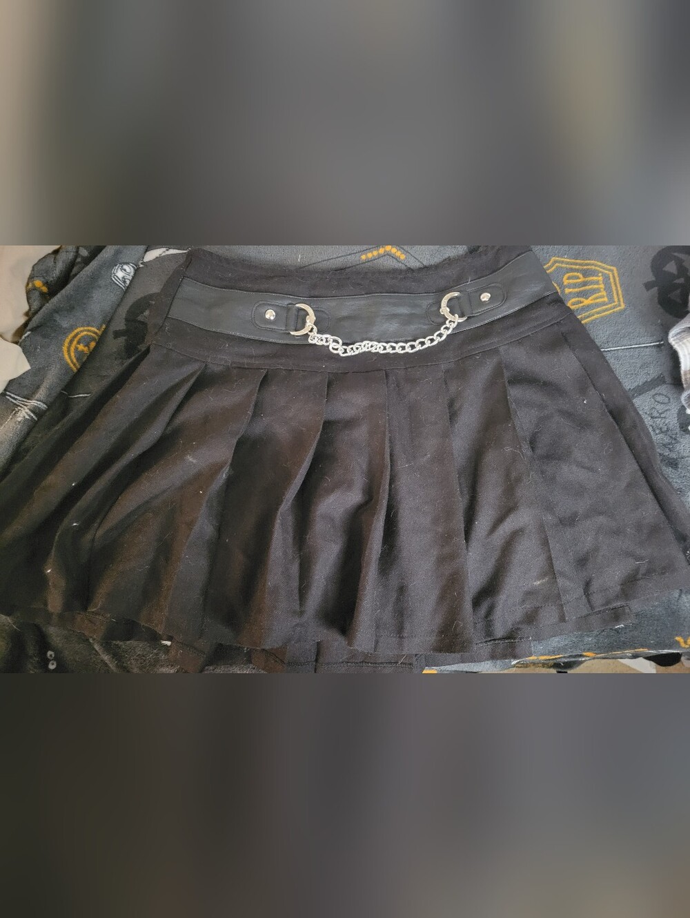 Royal Bones Black Pleated Mini Skirt With Waist Chain Size Large